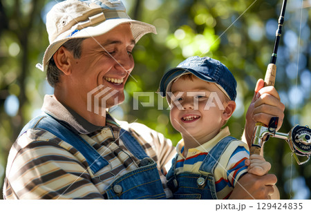 Man and a child are sitting by a body of water 129424835