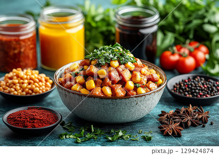 Bowl of food with a variety of spices and vegetables on a table Bowl of food with a variety of spices and vegetables on a table 129424874