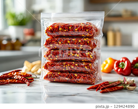 Bag of red peppers sits on a counter 129424890