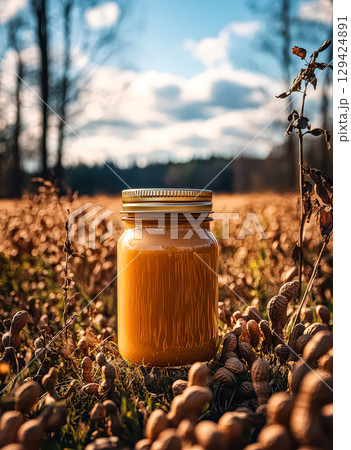 Jar of peanut butter is sitting on the ground in a field 129424891