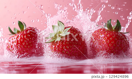 Three red strawberries are floating in a pool of water 129424896