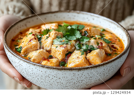 Bowl of food with a person holding it 129424934