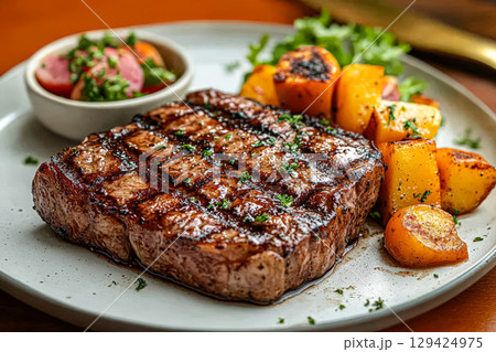 Steak is served with potatoes and a side salad 129424975