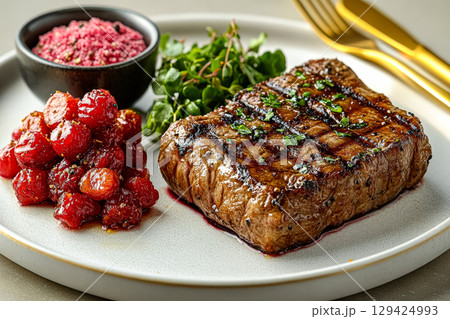 Plate of meat with a side of fruit and vegetables 129424993