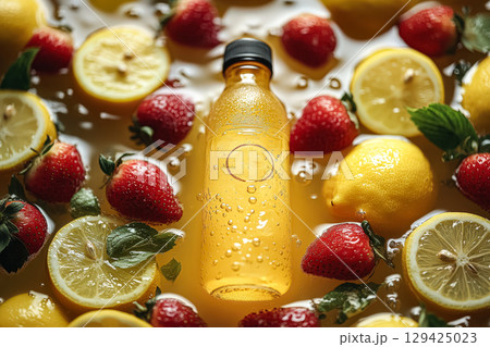 Bottle of lemonade is floating in a bowl of strawberries and lemons 129425023