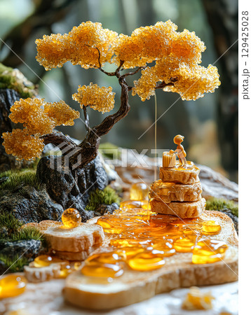 Tree with a small boy sitting on a log in front of a body of water 129425028