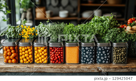 Row of glass jars filled with various vegetables and fruits 129425047