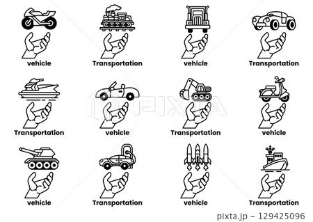 A hand is holding up a collection of images of vehicles and transportation 129425096