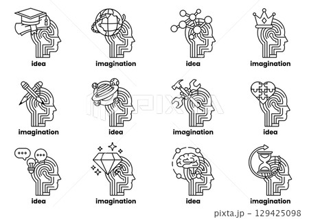 series of heads with various objects and words written on them 129425098