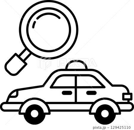 A black and white drawing of a car with a magnifying glass on it A black and white drawing of a car with a magnifying glass on it 129425110