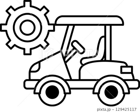 A black and white drawing of a car with a gear on the front 129425117
