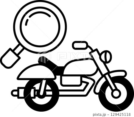 A black and white drawing of a motorcycle with a magnifying glass on top of it 129425118