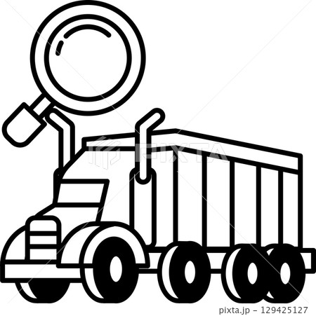 A black and white drawing of a truck with a magnifying glass on top of it 129425127
