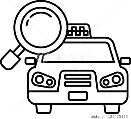 A black and white drawing of a car with a magnifying glass on it 129425136
