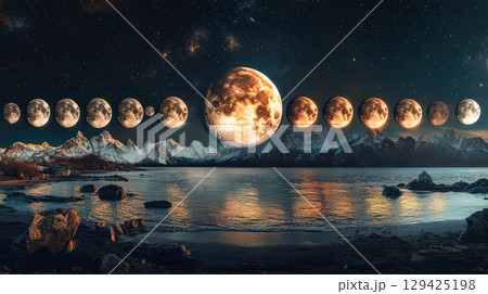 Series of moon images are shown in a row 129425198