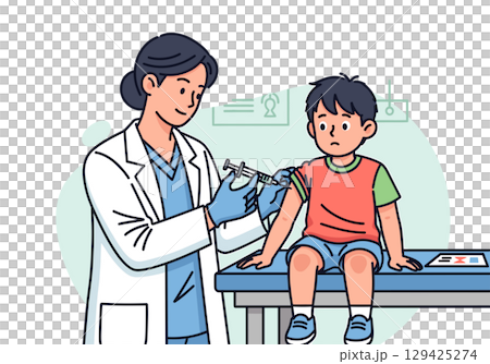 Medical vector illustration of a female doctor vaccinating a child 129425274