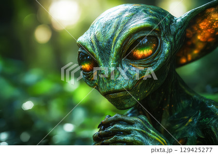 Green alien with glowing eyes stands in a forest Green alien with glowing eyes stands in a forest 129425277