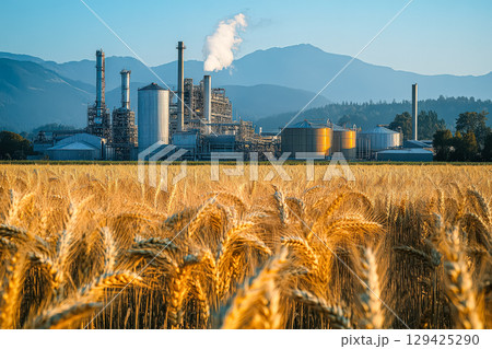 Large industrial plant with a lot of smoke coming out of it 129425290