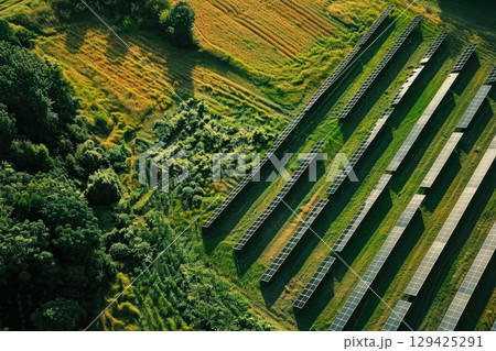 Field of solar panels is shown in the image 129425291