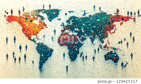 Colorful world map with people scattered all over it 129425317