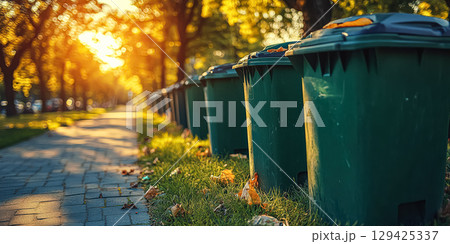 Row of green trash cans are lined up on a sidewalk Row of green trash cans are lined up on a sidewalk 129425337