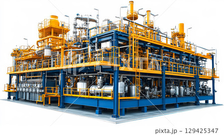 Large industrial plant with yellow and blue pipes 129425347