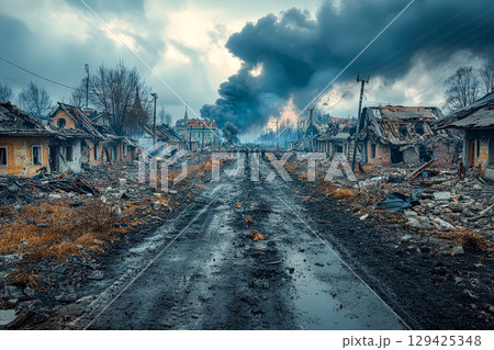 Desolate street with a fire in the distance 129425348