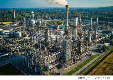 Large industrial plant with many tall smokestacks 129425356
