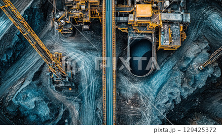 Large industrial area with a lot of machinery and a large pit 129425372