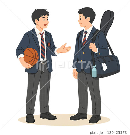 部活終わりに話し合う高校生2人組 129425378