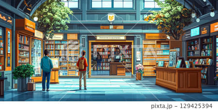 Man and a woman are standing in a large library 129425394