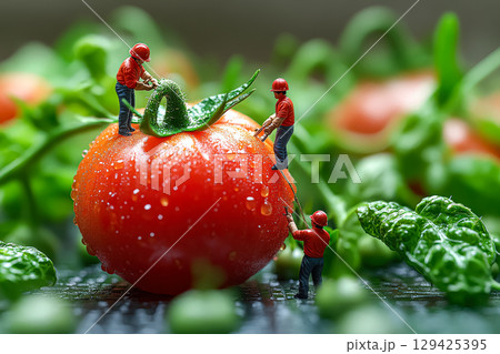 Group of men are working on a tomato, with one man holding a ladder 129425395