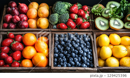 Wooden crate filled with a variety of fruits including oranges, kiwis 129425396