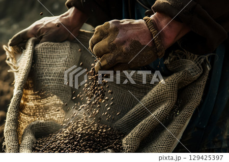 Person is holding a bag of coffee beans and pouring them out Person is holding a bag of coffee beans and pouring them out 129425397