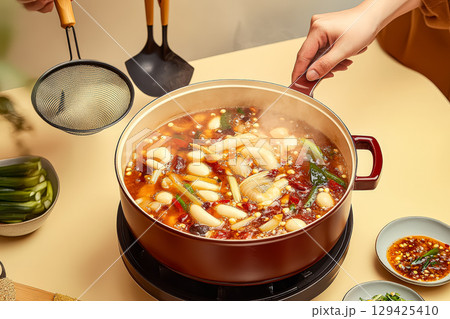 Person is cooking a pot of soup on a stove 129425410