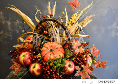 Basket of fall fruits and vegetables, including apples and pumpkins 129425437