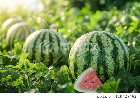 Three watermelons are sitting in a field of green grass 129425462