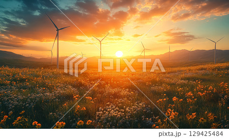 Field of wind turbines with a beautiful sunset in the background Field of wind turbines with a beautiful sunset in the background 129425484