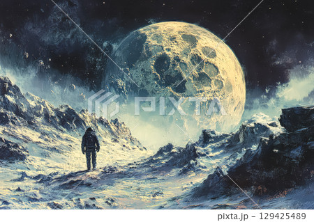 Man is walking on a snowy mountain with a large moon in the background 129425489