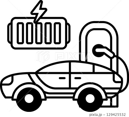 A black and white drawing of a car with a battery and a charging station 129425532