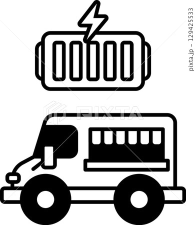 A black and white drawing of a truck with a battery on the side 129425533