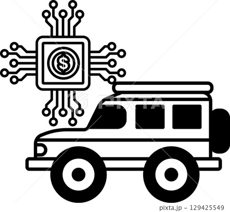 A black and white drawing of a car with a dollar sign on the hood 129425549