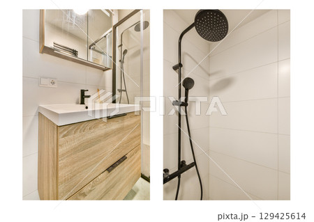 Stylish bathroom featuring a sleek wooden vanity and a contemporary shower setup, enhancing functionality and aesthetic appeal. Stylish bathroom featuring a sleek wooden vanity and a contemporary shower setup, enhancing functionality and aesthetic appeal. 129425614
