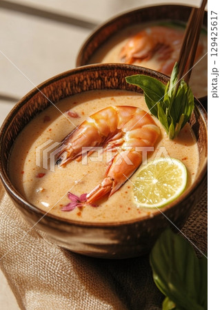 Enjoy a Delicious Shrimp Soup that is bursting with Fresh Herbs and a zesty touch of Lime for flavor 129425617