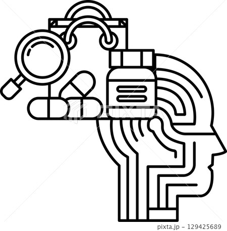 A black and white drawing of a head with a magnifying glass and a shopping bag 129425689