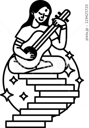 A woman is playing a guitar on a step 129425720