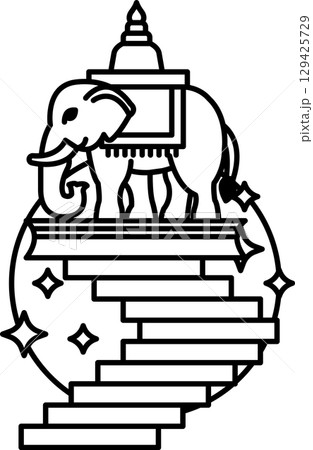 A black and white drawing of an elephant on top of a set of stairs 129425729