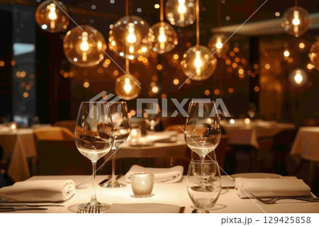 elegantly set dining table in a luxurious restaurant with a romantic ambiance elegantly set dining table in a luxurious restaurant with a romantic ambiance 129425858