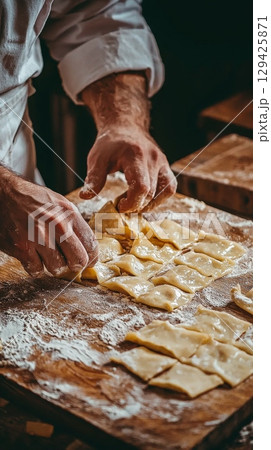 A delightful scene where a grandmother and her granddaughter are joyfully baking together in a warm, cozy kitchen 129425871