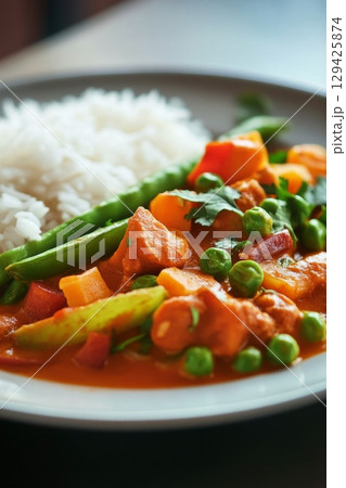 Savor a Delicious Vegetarian Curry paired perfectly with Rice and an assortment of Fresh Seasonal Vegetables 129425874